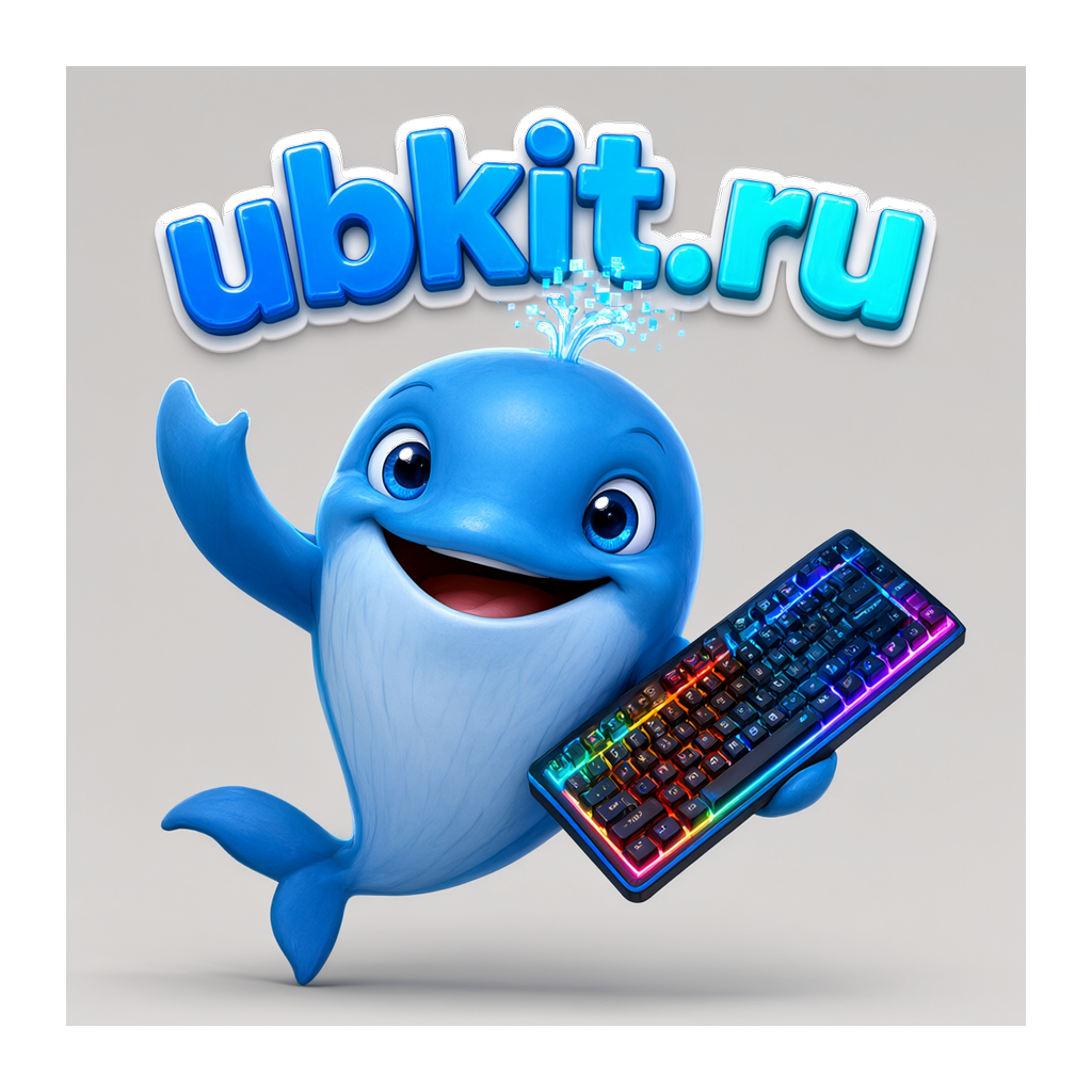 Маскот ubkit - синий кит приветствует, держит клавиатуру
